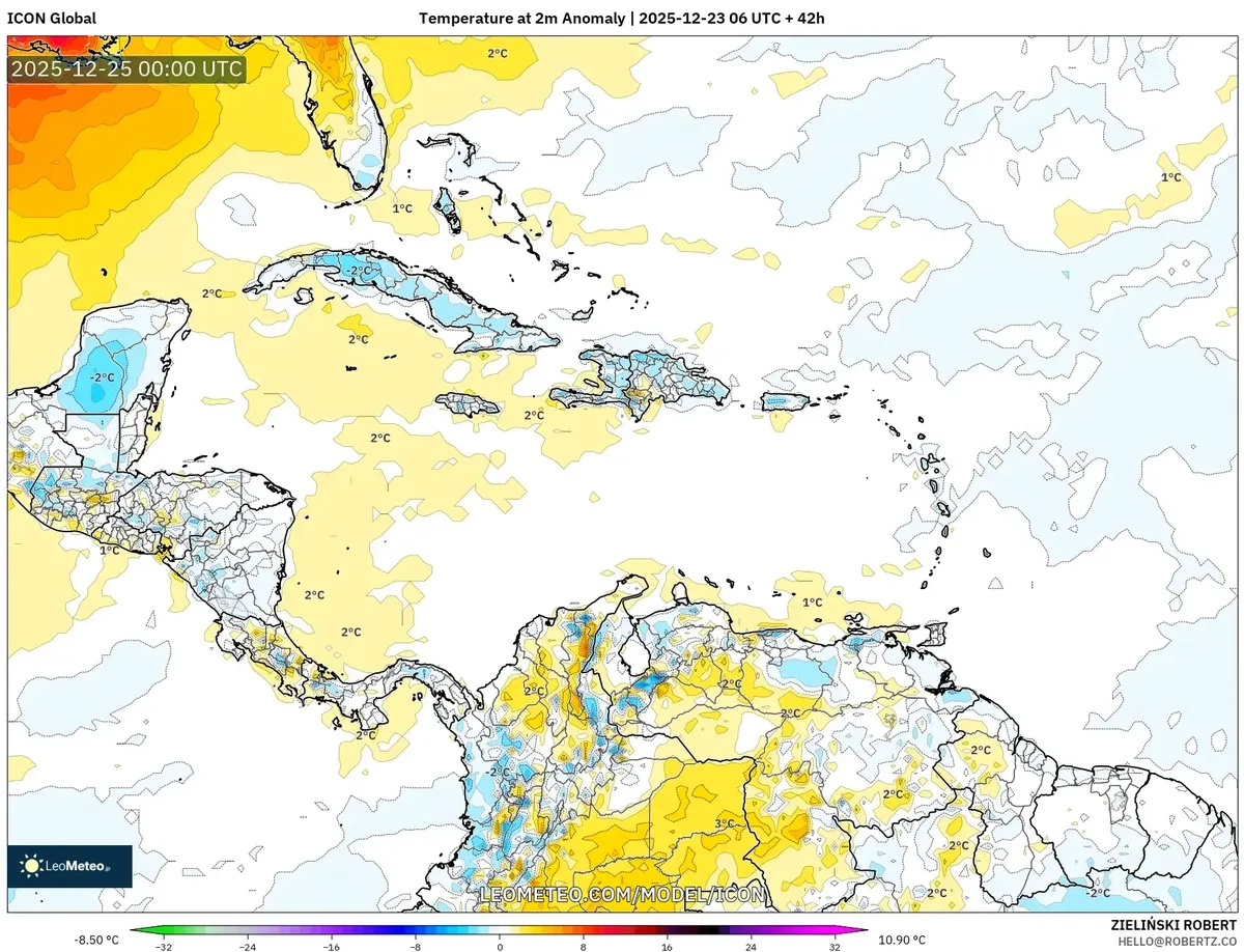 Navidad cálida del Caribe 2025-12-23 Pronóstico de temperatura para la víspera de Navidad – Mapa de calor de alta presión