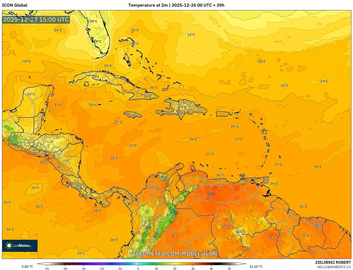 Pronóstico de temperaturas cálidas para el sábado – 28°C máximas, clima seco | Perspectiva del Caribe 26-12-2025