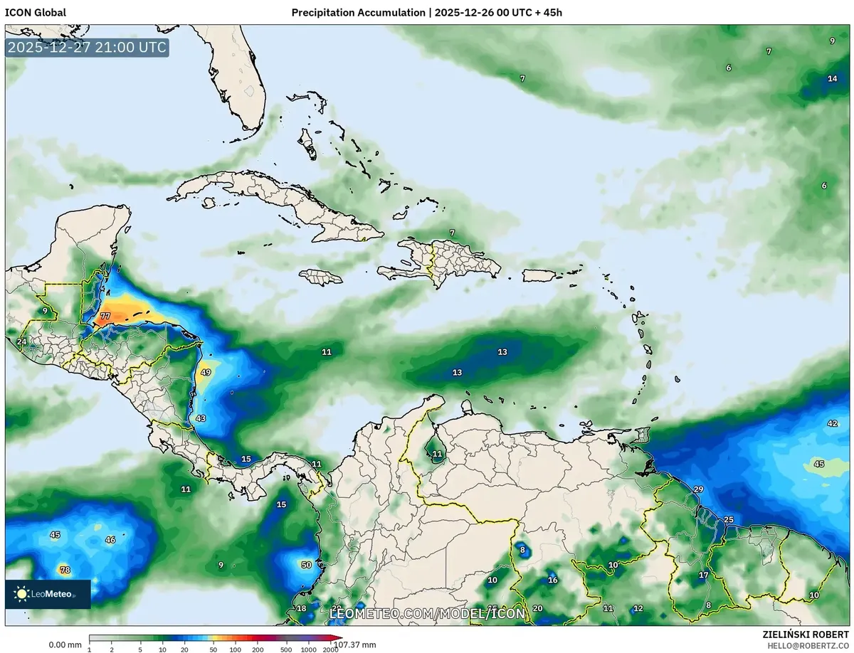 Precipitación Acumulada Pronóstico para un sábado cálido, Perspectiva del clima de la región del Caribe del 26 de dic 2025