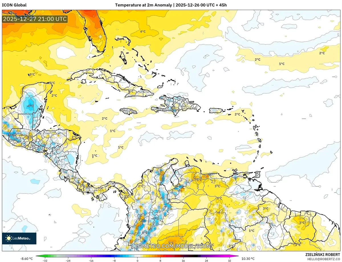 Mapa de anomalía de temperatura 2025-12-26 – Pronóstico cálido del sábado para la región del Caribe