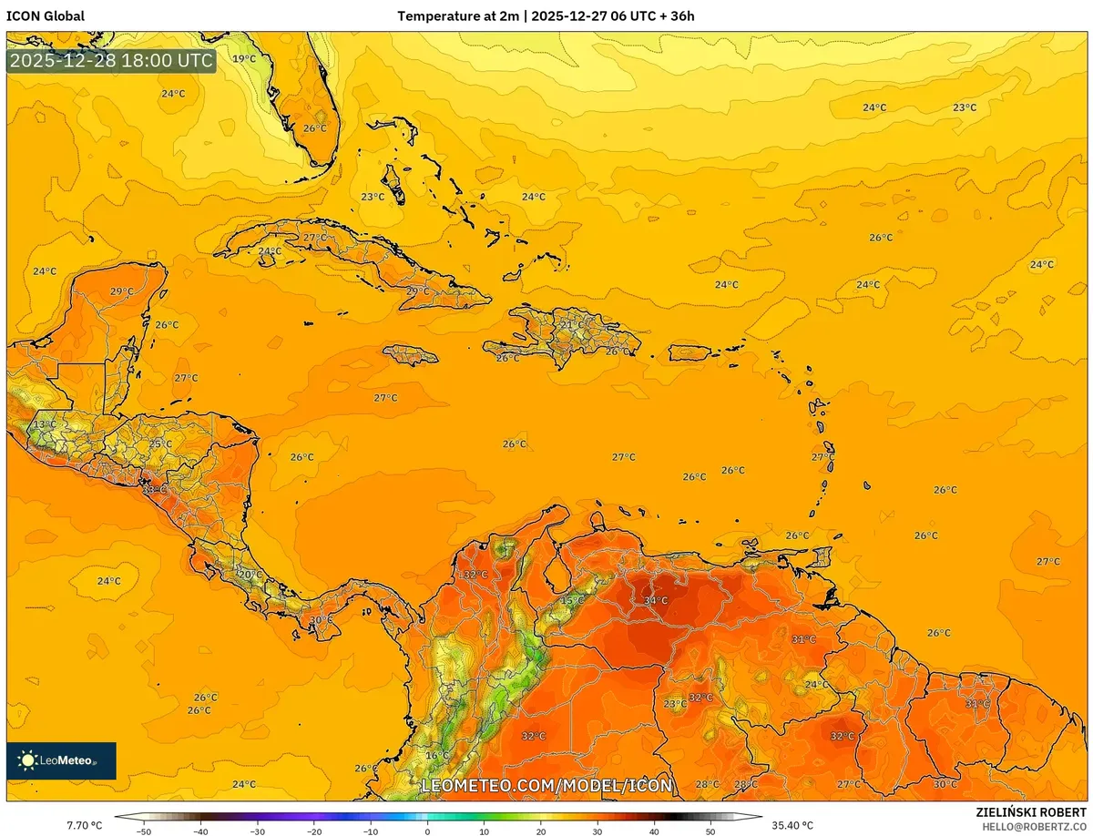 Temperaturas diurnas máximas en todo Costa Rica el 28 de dic 2025