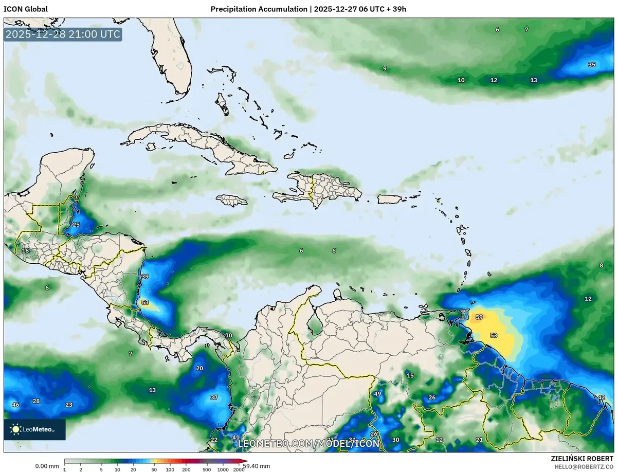 Acumulación de lluvia el 28 de dic de 2025