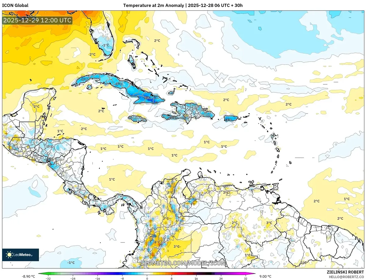 Anomalías de Temperatura alcanzando su punto máximo en Costa Rica el 29 de dic de 2025