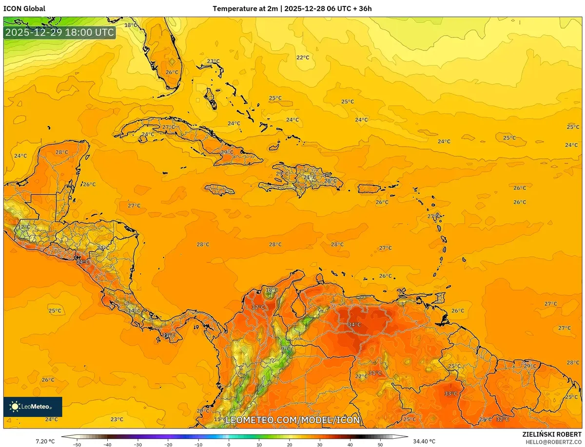 Temperaturas diurnas máximas en todo Costa Rica el 29 de dic 2025