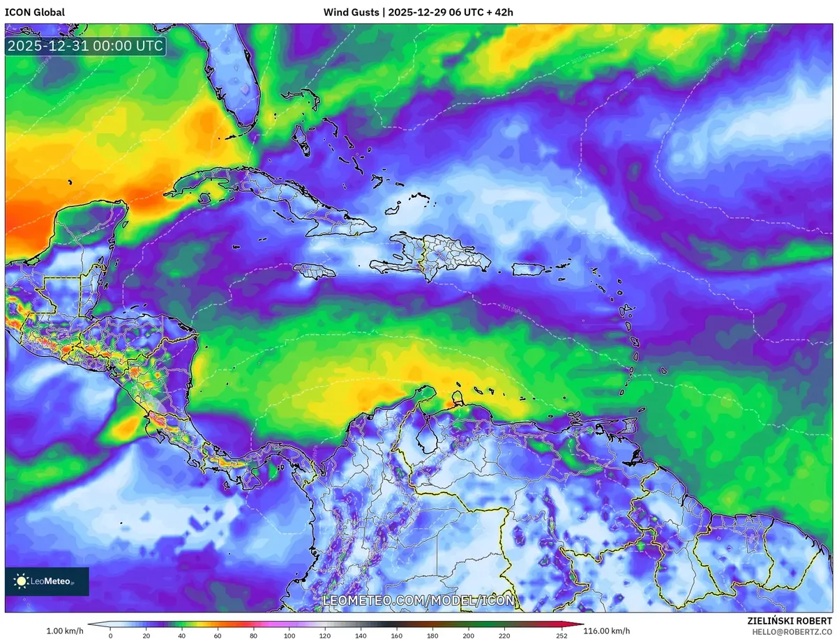 Ráfagas de viento en aumento en América Central el 30 de dic 2025