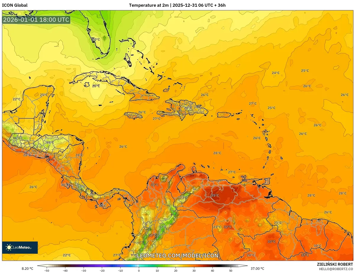 Temperaturas diurnas máximas en San José el 1 de enero de 2026