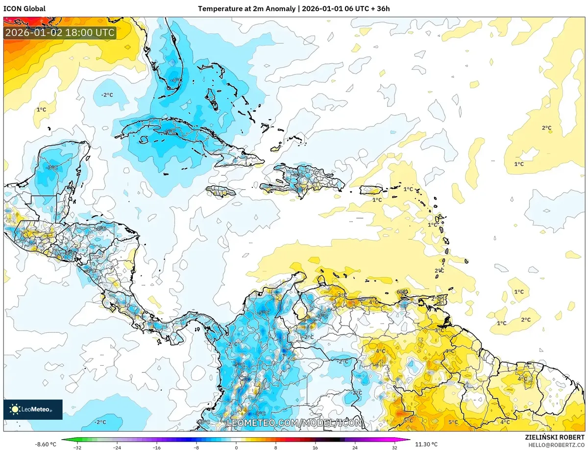 Anomalías de temperatura para el día 2 de enero de 2026