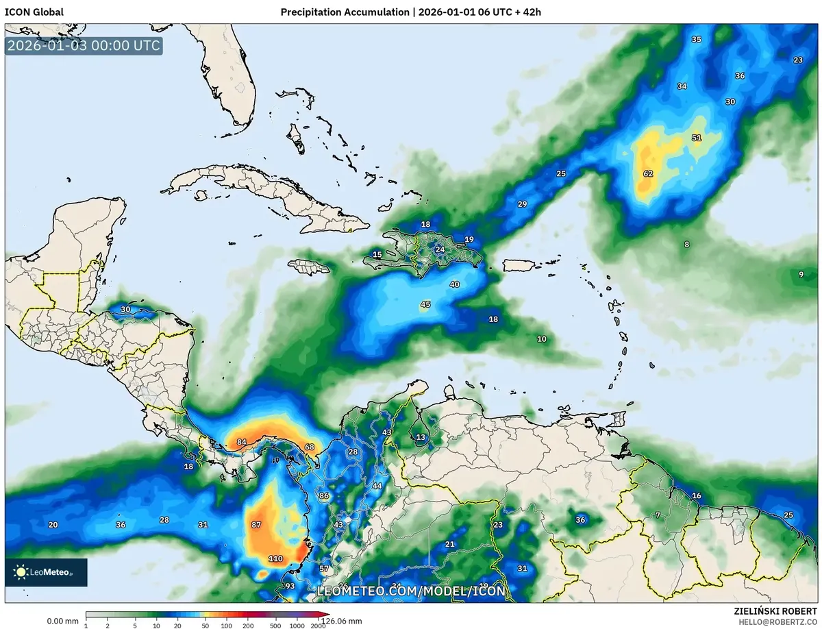 Precipitaciones intensas que se acumulan el 2 de enero de 2026