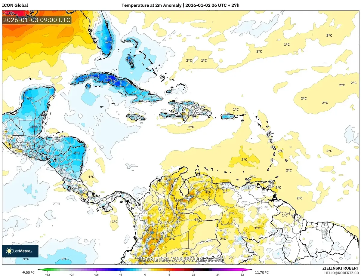 Anomalía de temperatura en América Central el 3 de enero de 2026