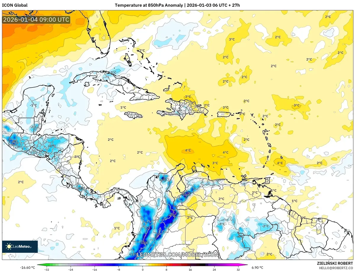 Anomalía de temperatura cálida a 850hPa sobre Costa Rica el 4 de enero de 2026