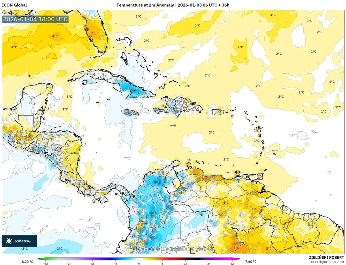 Anomalía de alta temperatura en la superficie en Costa Rica el 4 de enero de 2026