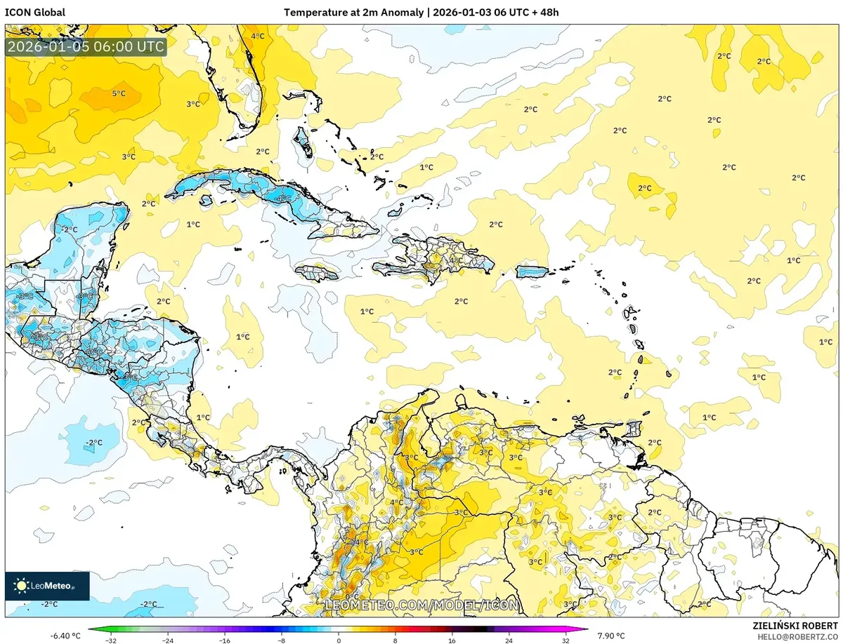 Anomalía de Temperatura en la Superficie a través de Costa Rica el 5 de enero de 2026
