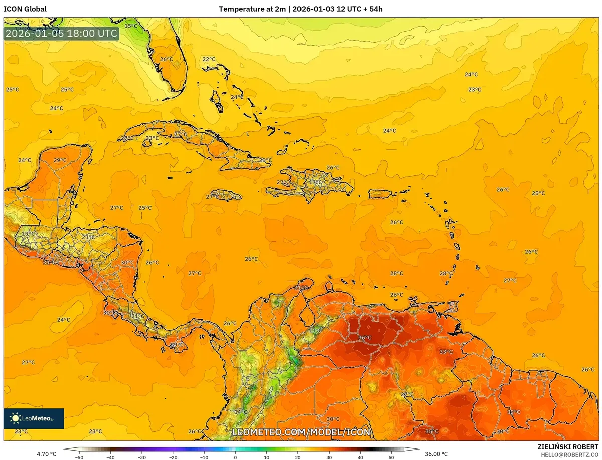 Temperaturas diurnas máximas en San José el 5 de enero de 2026
