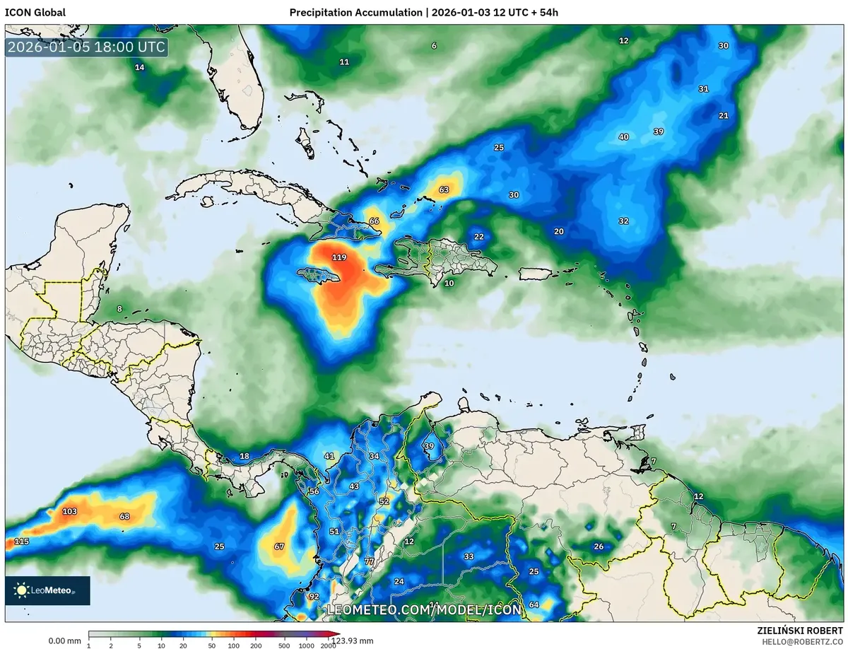 Previsión de mayor acumulación de precipitaciones el 5 de enero de 2026