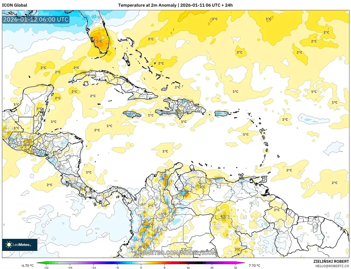 Anomalías Positivas de Temperatura en Costa Rica 12 de enero de 2026