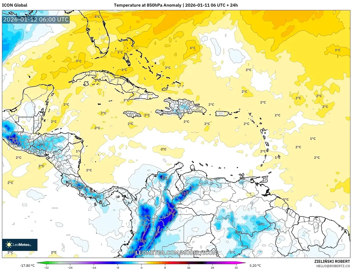 Masa de Aire Cálido al Nivel de 850 hPa 12 de enero de 2026