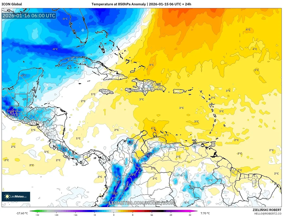 Anomalía de temperatura máxima 16 de enero de 2026