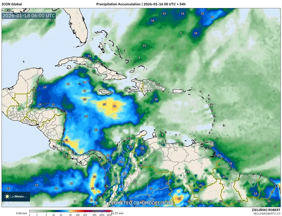 Pronóstico de precipitación para el domingo 18 de enero de 2026