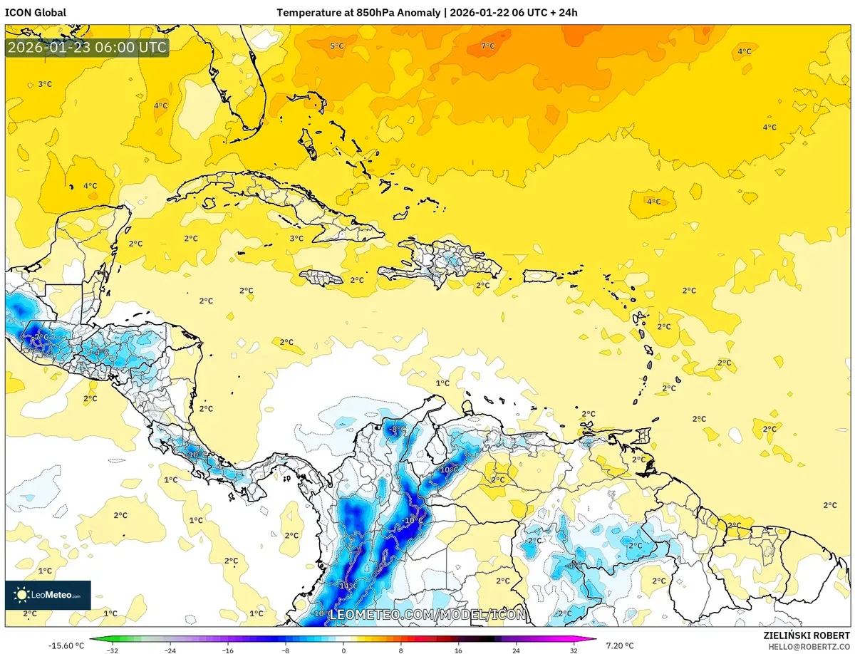 Anomalía de temperatura en Centroamérica – 23 de enero de 2026