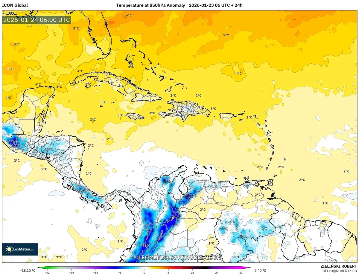Anomalía de Temperatura a 2 m en Centroamérica – 24 de enero de 2026