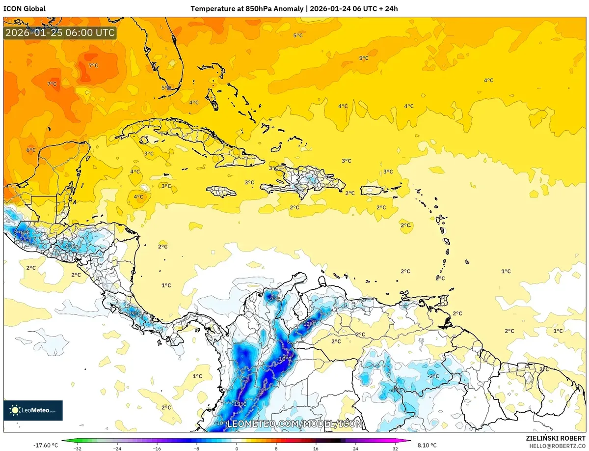 Anomalía de Temperatura a 2 m en Centroamérica 25 de enero de 2026