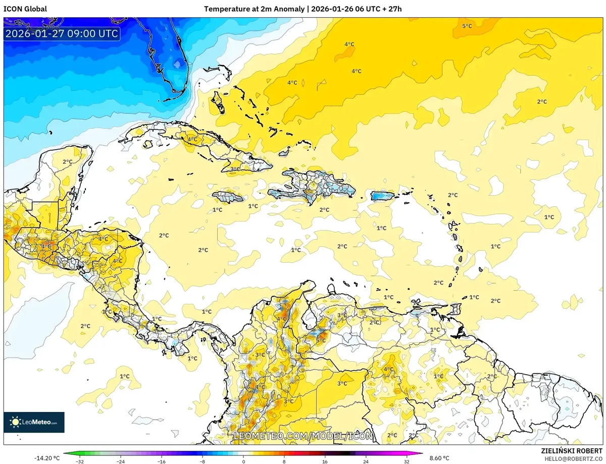 Anomalía Positiva de Temperatura en la Región Central el 27 de enero de 2026