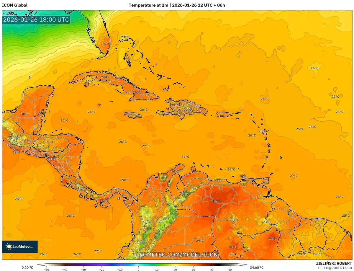 Calor máximo diurno en San José el 26 de enero de 2026