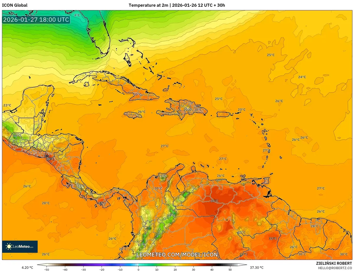 Temperatura máxima diurna en San José el 27 de enero de 2026