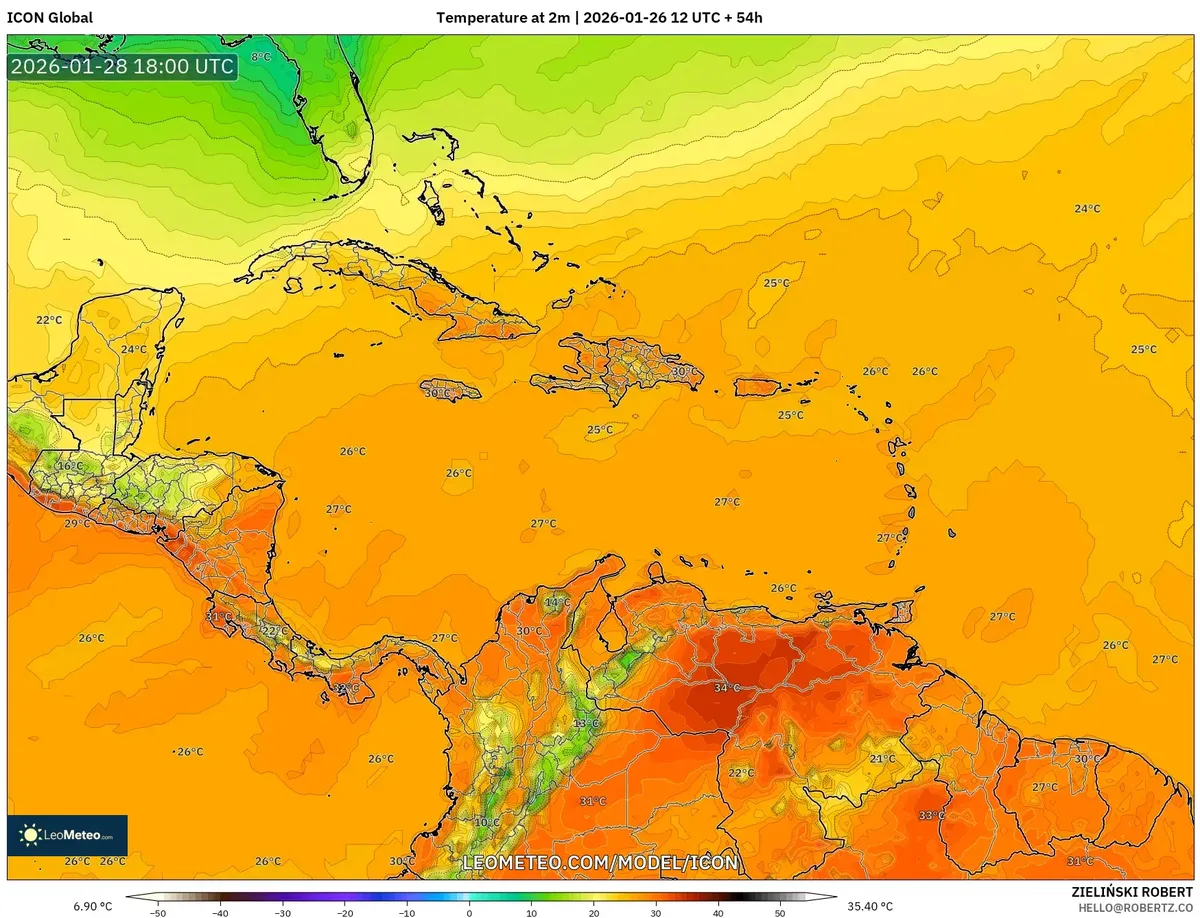 Calor máximo diurno en San José el 28 de enero de 2026