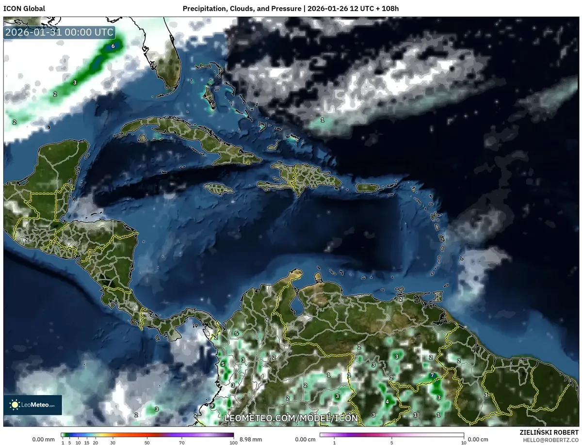 Actividad de nubes y lluvia en la tarde del 30 de enero de 2026