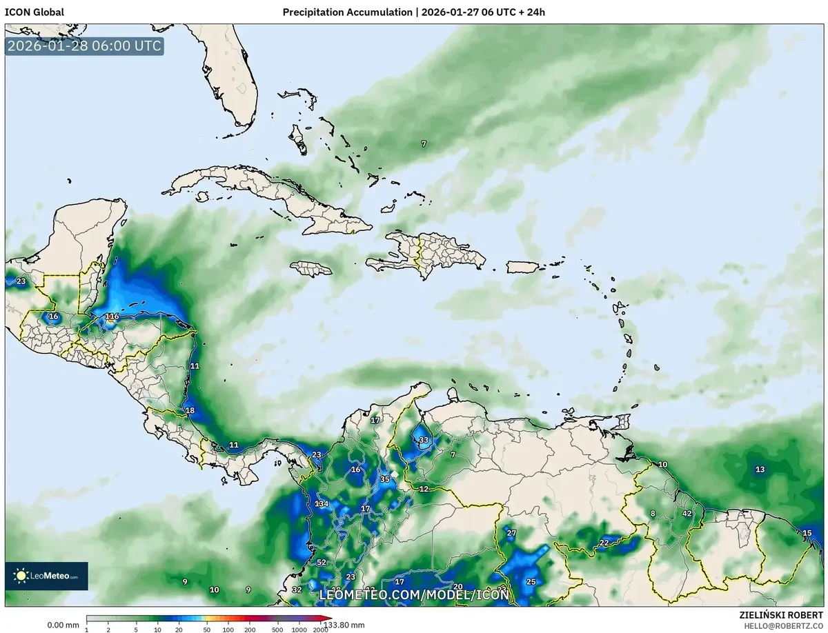 Acumulado de precipitación nulo en Costa Rica el 28 de enero de 2026