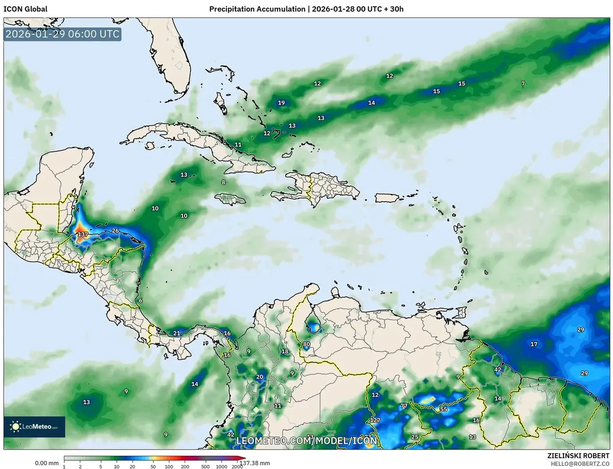 Pronóstico de Acumulación de Precipitación el 29 de enero de 2026