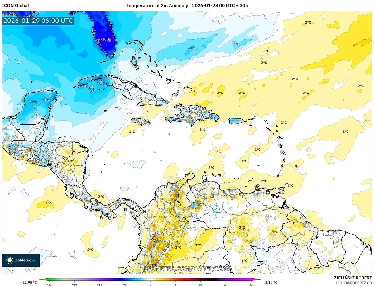 Mapa de Anomalía de Temperatura el 29 de enero de 2026