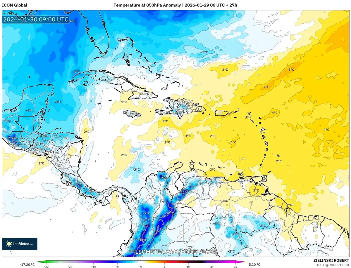 Anomalía de temperatura a 850 hPa el 30 de enero de 2026