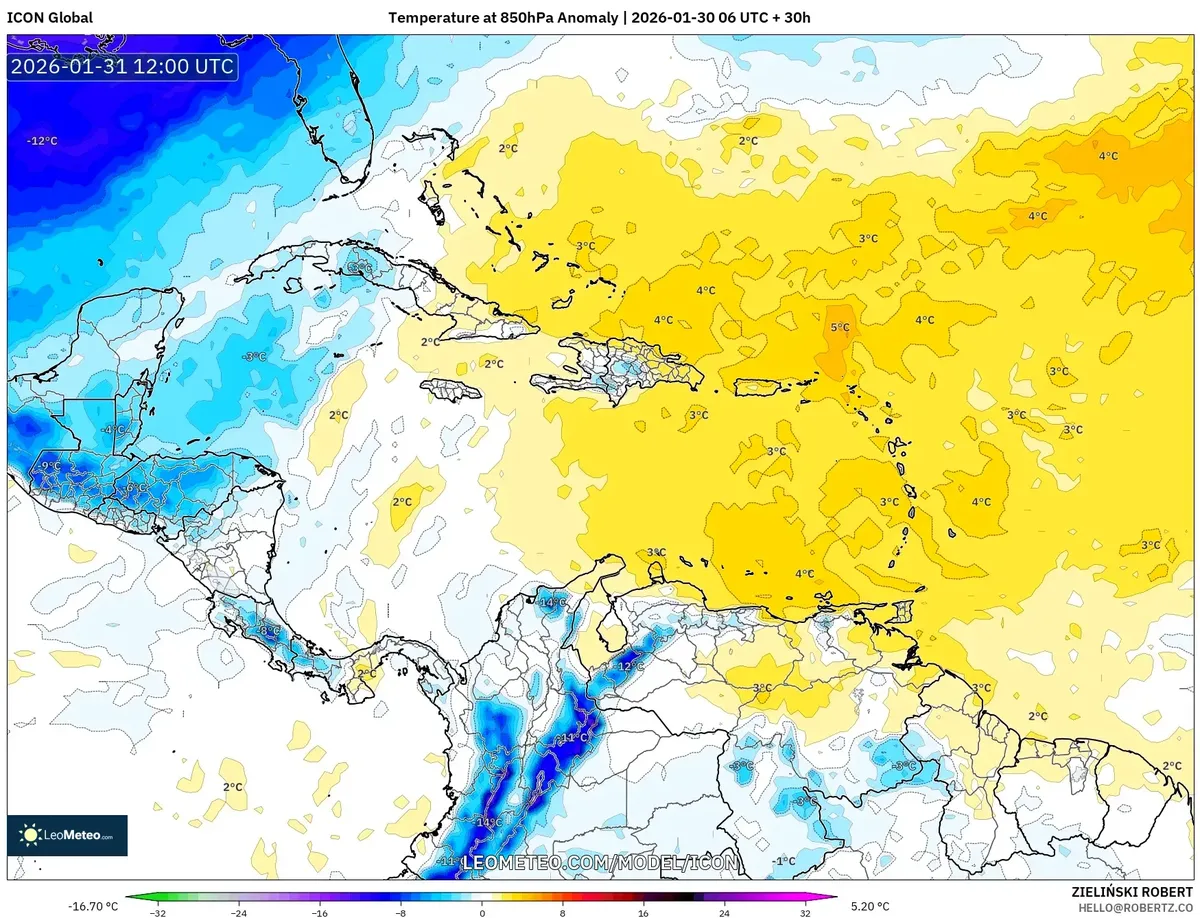 Anomalía de temperatura a 850 hPa el 31 de enero de 2026