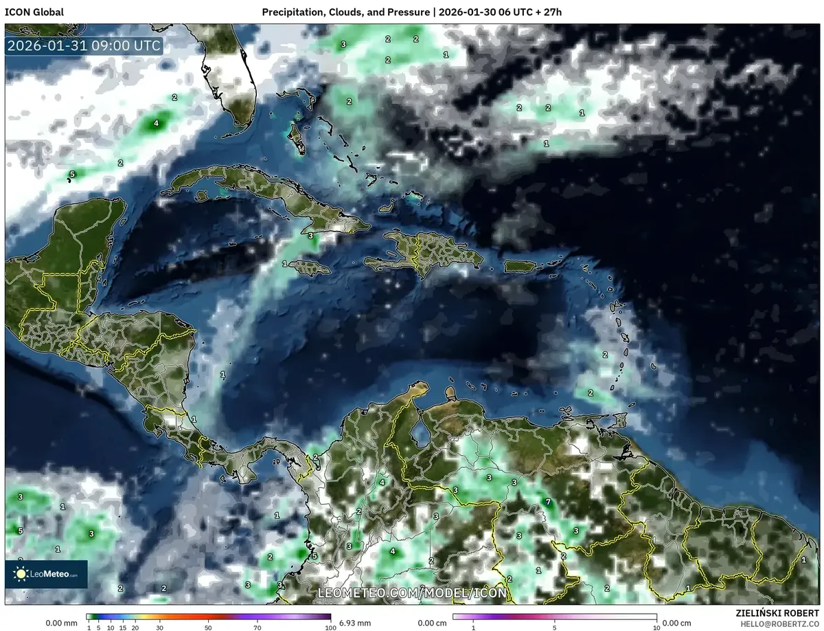 Precipitación, nubes y presión el 31 de enero de 2026