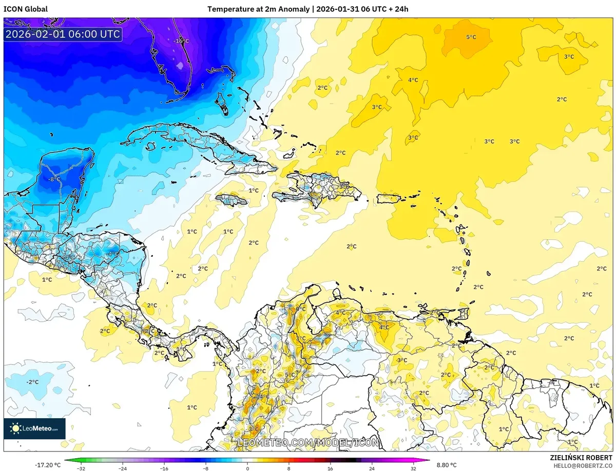 Mapa de anomalía de temperatura el 1 de febrero de 2026