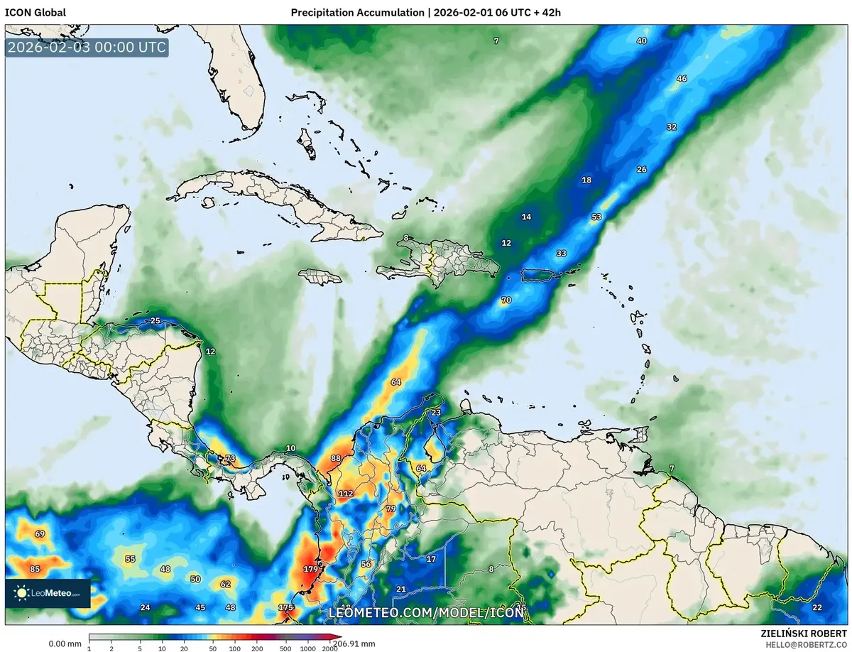 Acumulación de Precipitación en Costa Rica el 2 de febrero de 2026