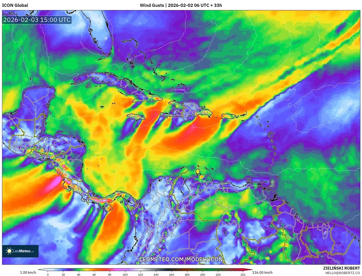 Patrones de viento matutinos en Costa Rica el 3 de febrero de 2026 (ICON)