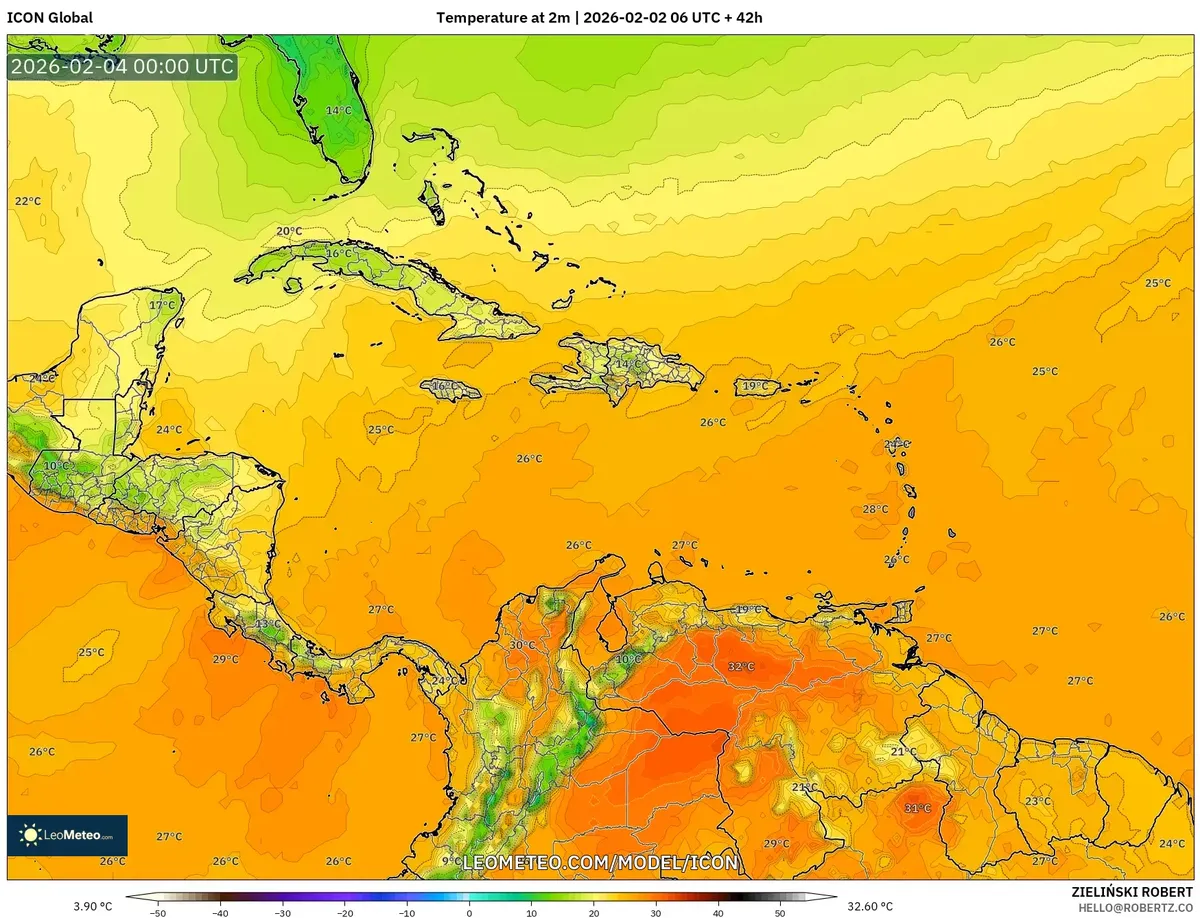 Temperaturas vespertinas en Costa Rica el 3 de febrero de 2026 (ICON)