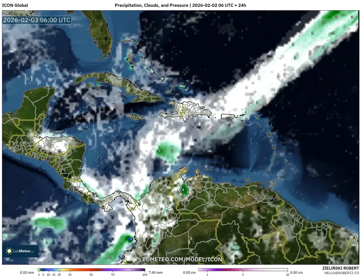 Precipitación, nubosidad, temperatura y presión en Costa Rica el 3 de febrero de 2026 (ICON)
