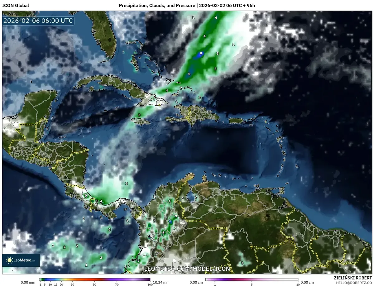 Patrones de lluvia y nubosidad el 6 de febrero de 2026 (ICON)