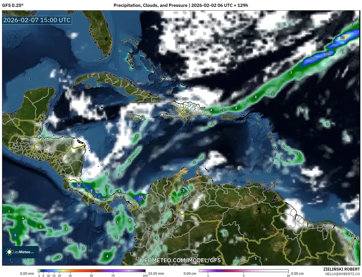 Patrones de lluvia y nubosidad el 7 de febrero de 2026 (GFS)