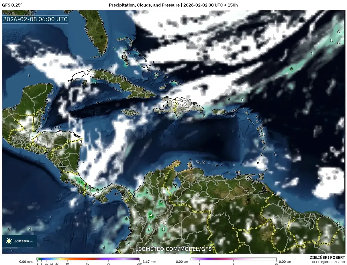 Patrones de lluvia y nubosidad el 8 de febrero de 2026 (GFS)
