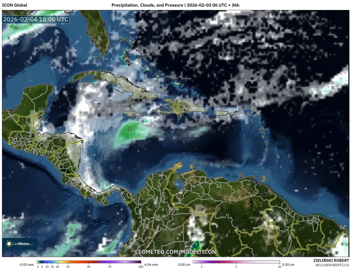 Patrón de precipitación, nubosidad, temperatura y presión el 4 de febrero de 2026 (ICON)