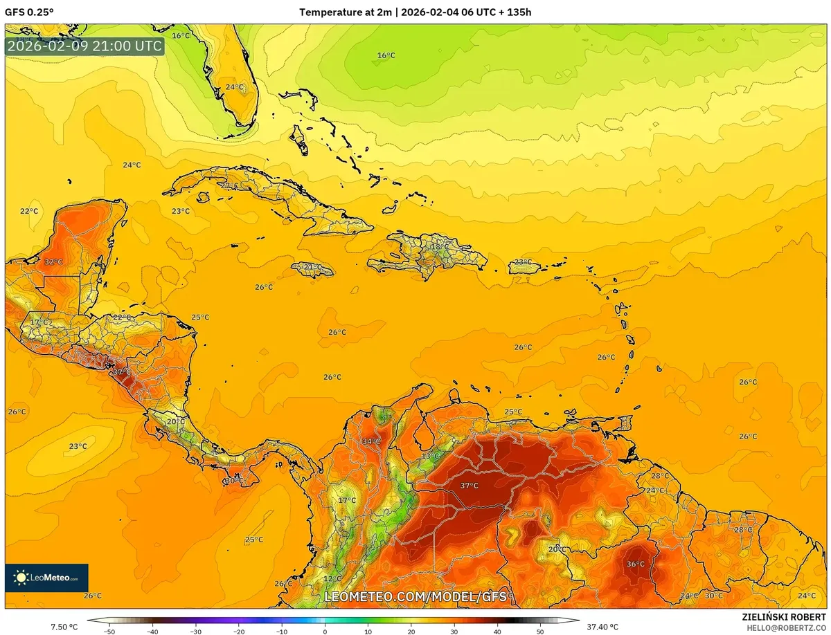 Temperatura máxima vespertina en Costa Rica el 9 de febrero de 2026