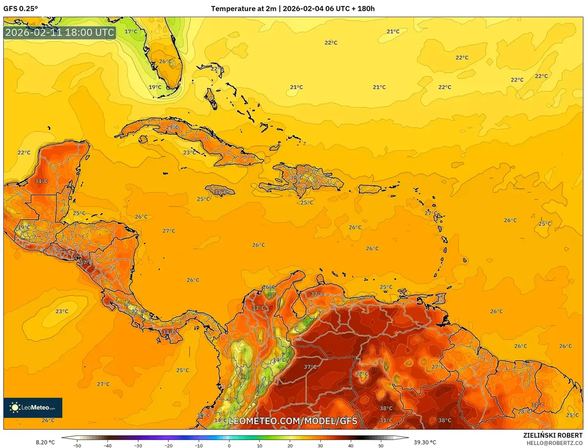 Temperaturas máximas vespertinas en Costa Rica el 11 de febrero de 2026