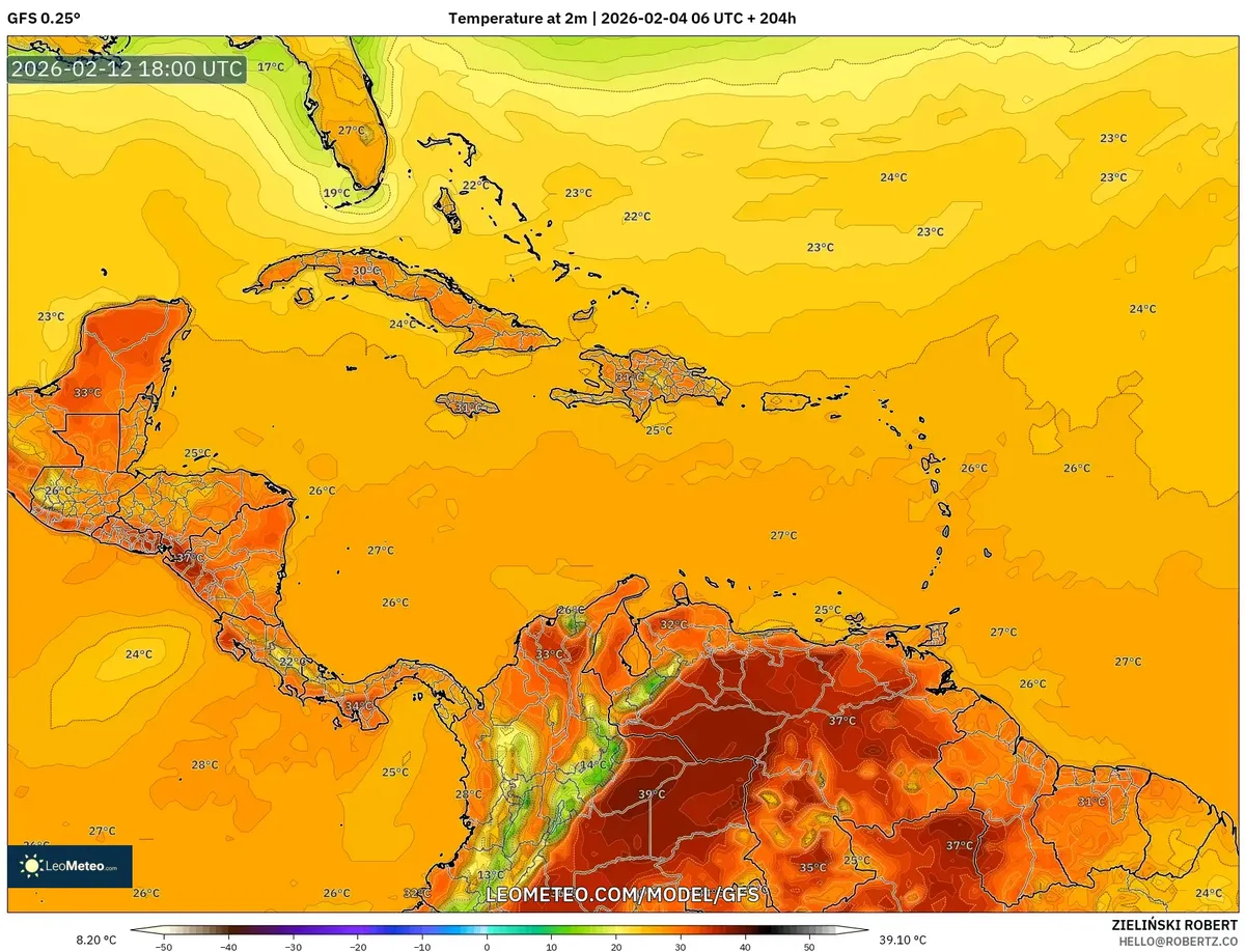 Temperaturas máximas vespertinas en Costa Rica el 12 de febrero de 2026