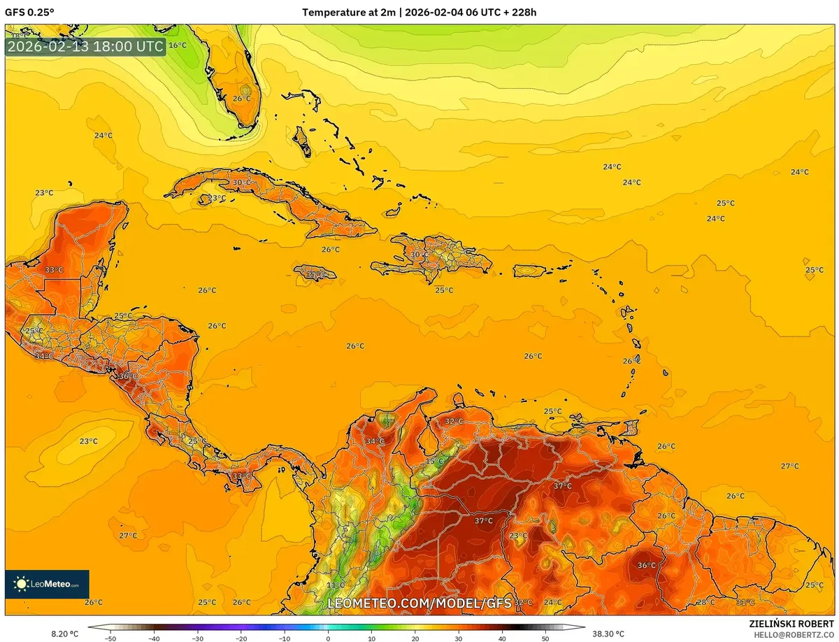 Temperaturas máximas vespertinas en Costa Rica el 13 de febrero de 2026