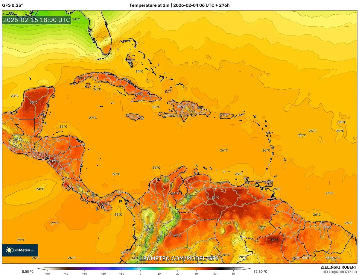 Temperaturas máximas vespertinas en Costa Rica el 15 de febrero de 2026
